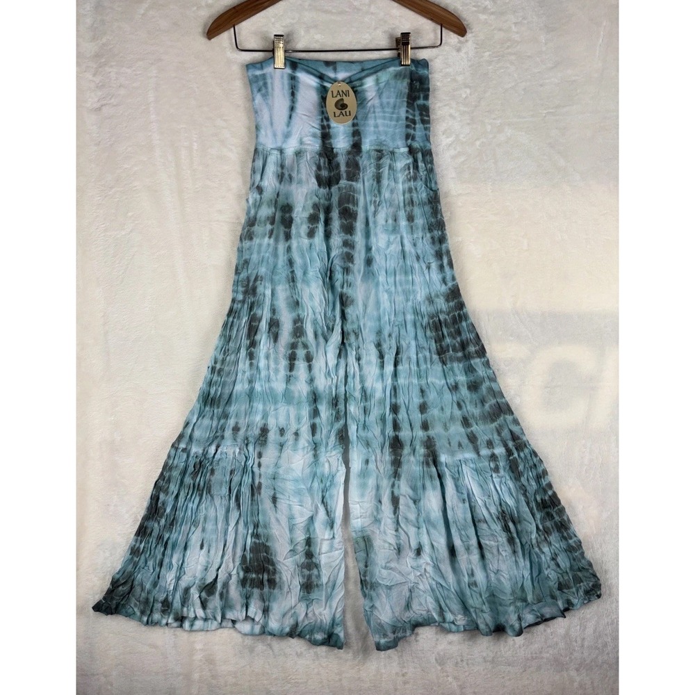 Lani Lau Hawaii Womens S/M Hand Dyed Gypsy Pants Teal Boho Tired Wide Leg Beachy
